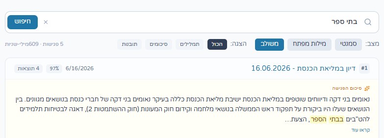 חיפוש סמנטי: בתי ספר, 5 פגישות, סיכום הפגישה עם הדגשות